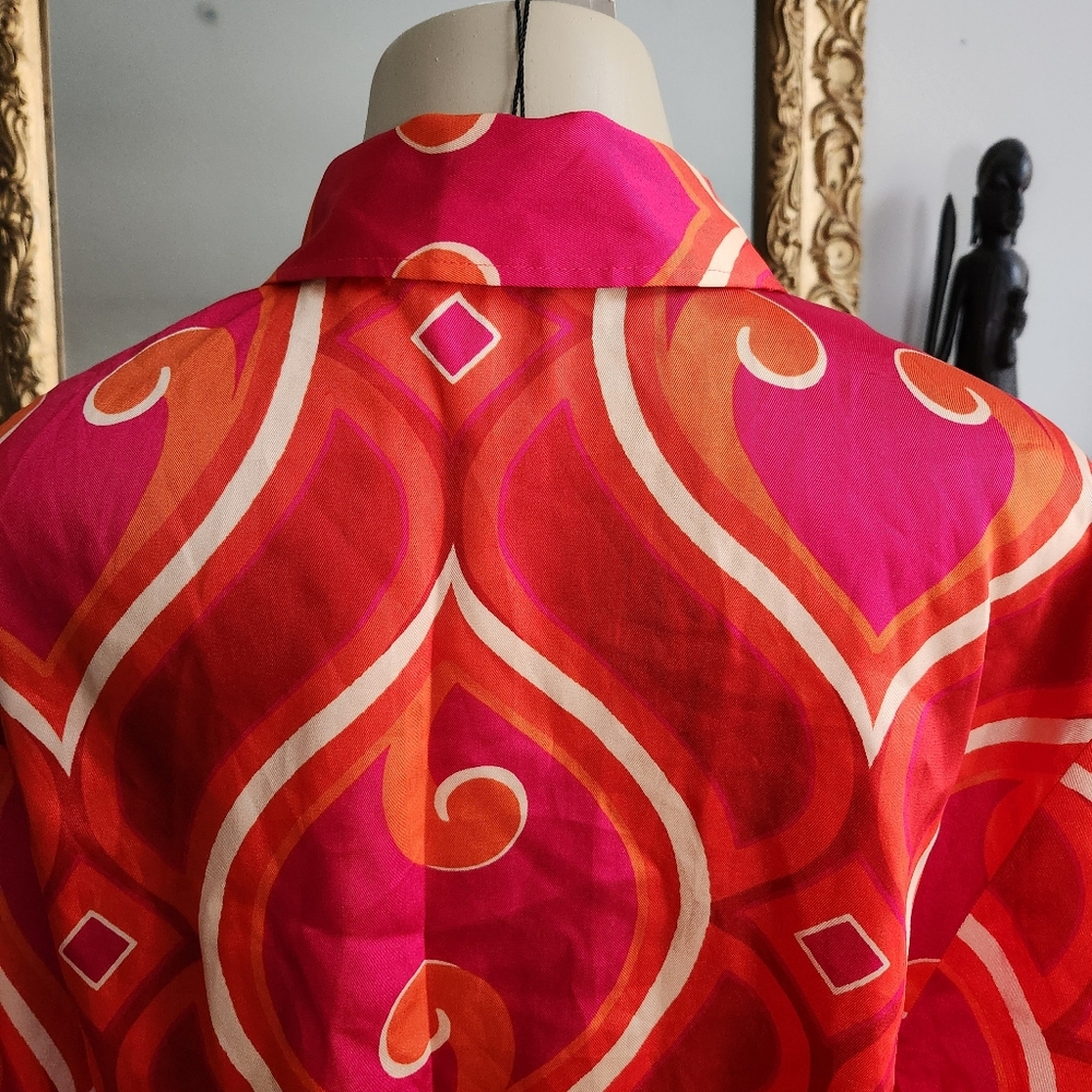 Zara Pink Cropped Satin Shirt Size Small Orange Beige Psychedelic Hippie - Picture 14 of 15